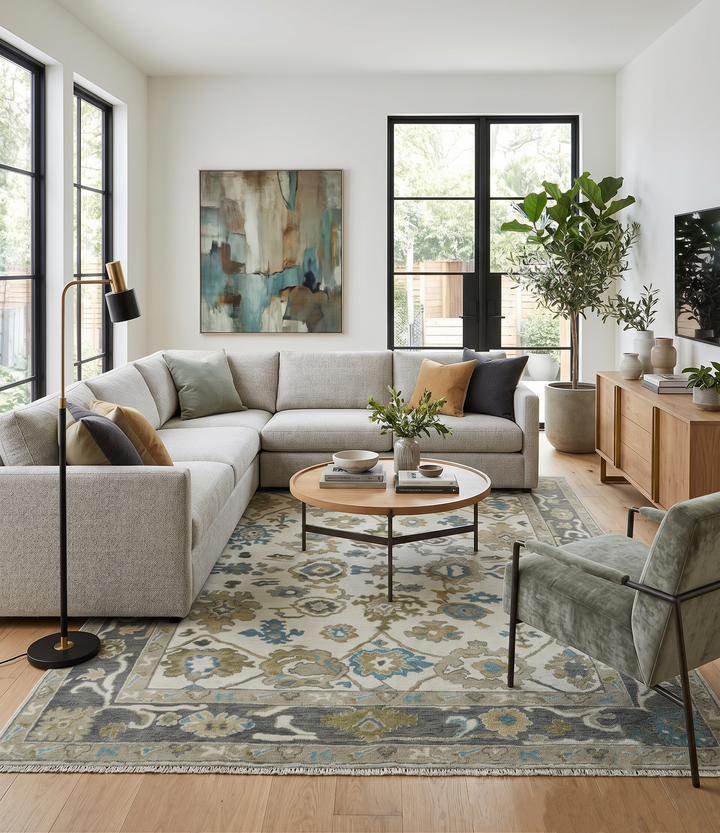 Oushak wool area rug with ivory and blue-green pattern under sofa in living room