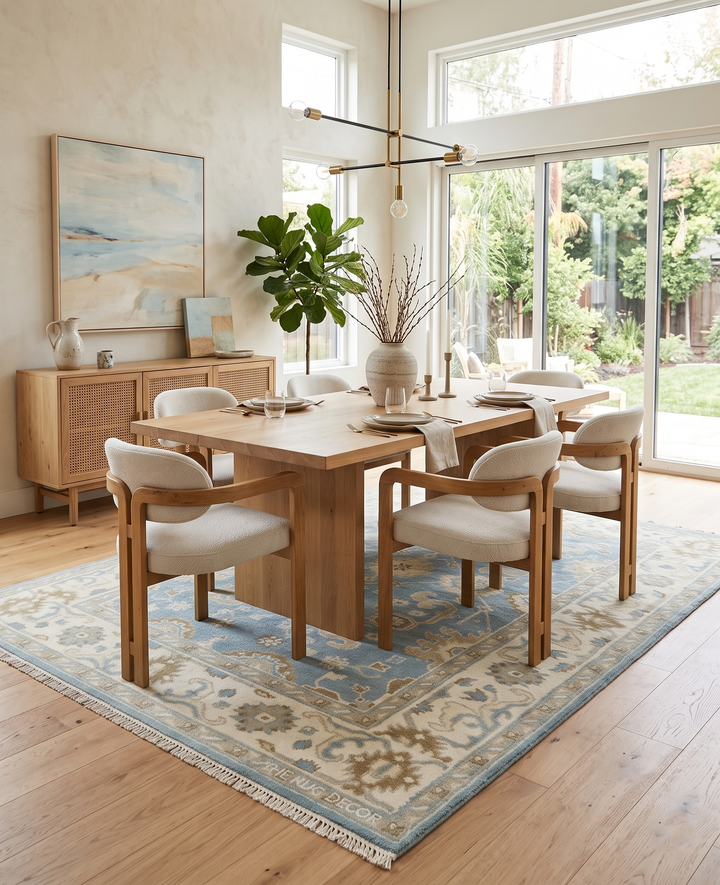 Traditional Oushak Design Blue And Beige Hand Knotted Wool Rug