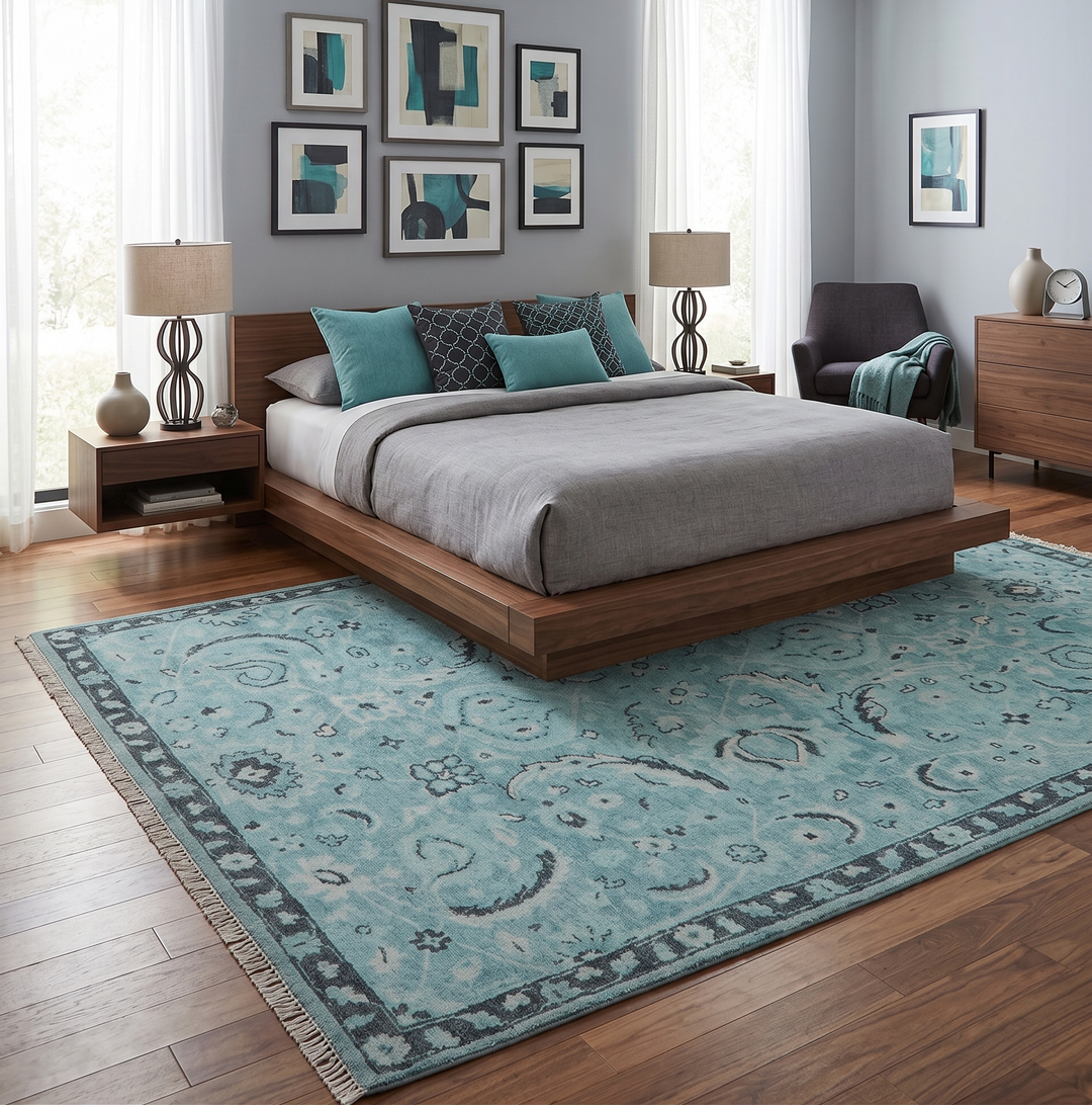 Custom Made Oushak Blue And Beige Hand Knotted Wool Rug
