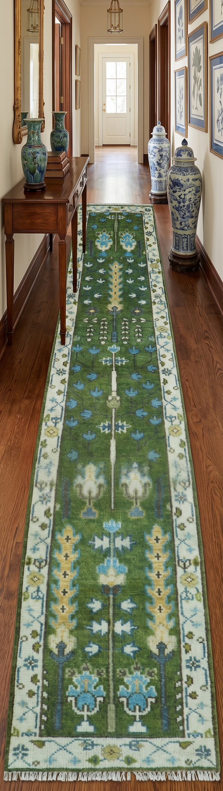 Ready to Ship Hand Knotted 2.6x12 Green and Ivory Tree of life Wool Area Rug