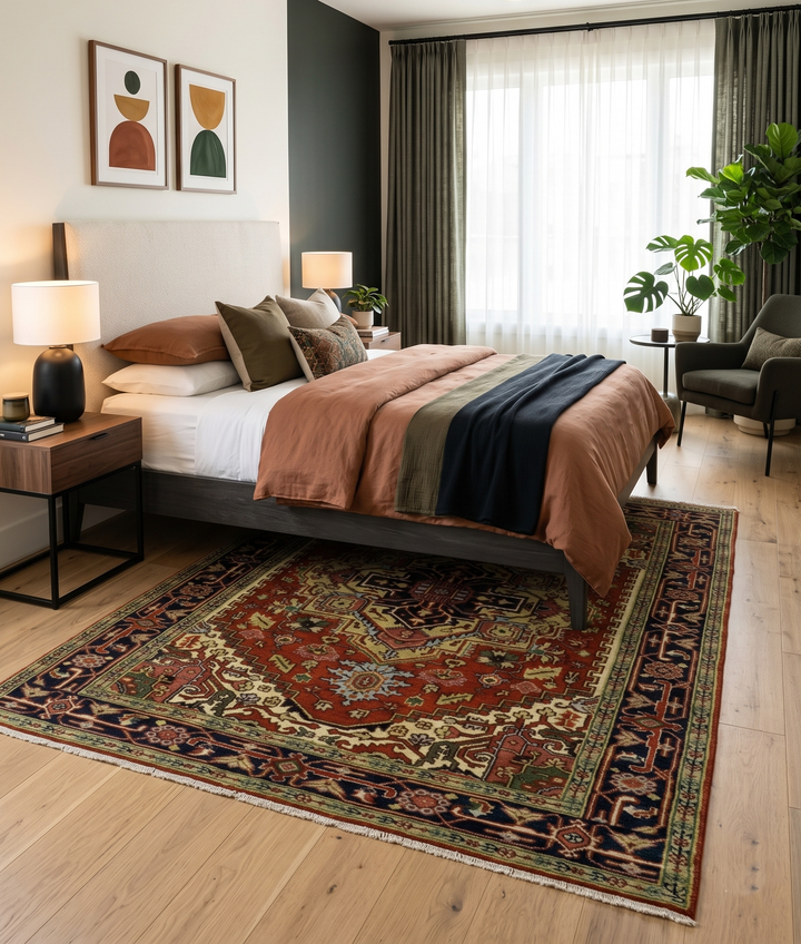 Traditional medallion rug laid on hardwood floor in living room, rust red and dark blue design