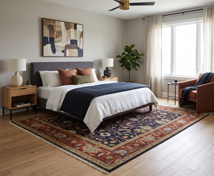 Blue and red traditional rug beneath a bed in a bedroom