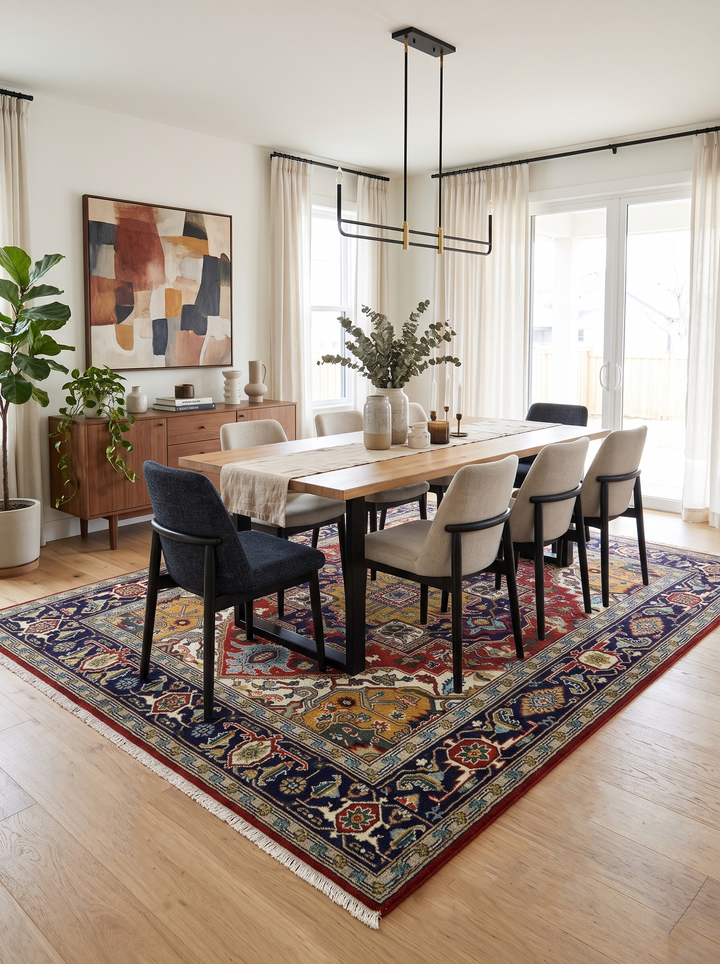 Navy traditional area rug with central medallion, red accents, and detailed motifs