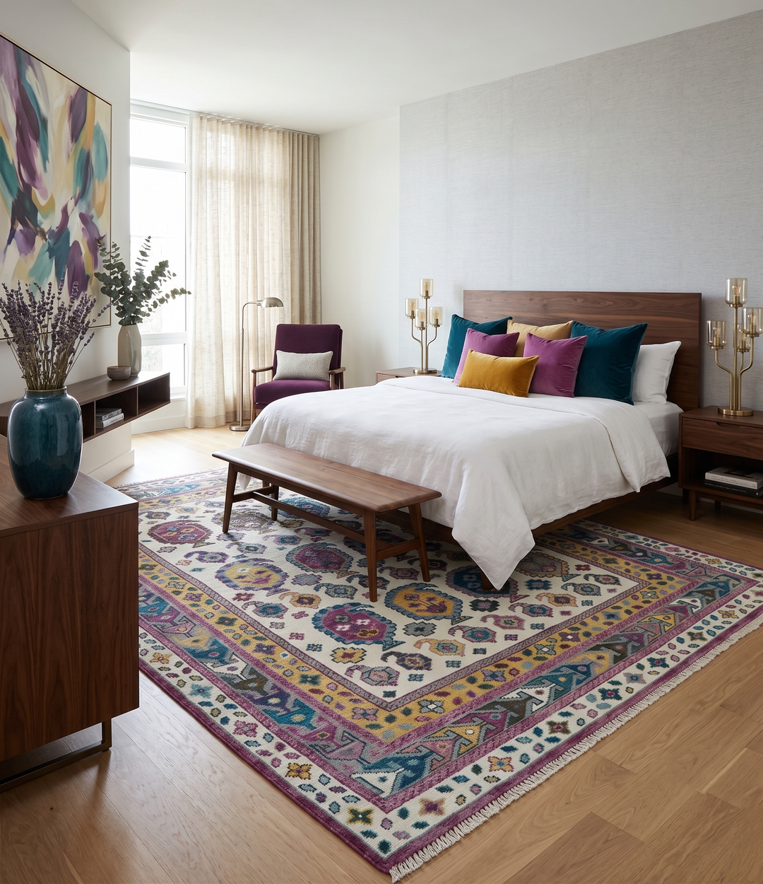 Ivory, Gold and Pink Hand knotted Traditional Design Wool Area Rug