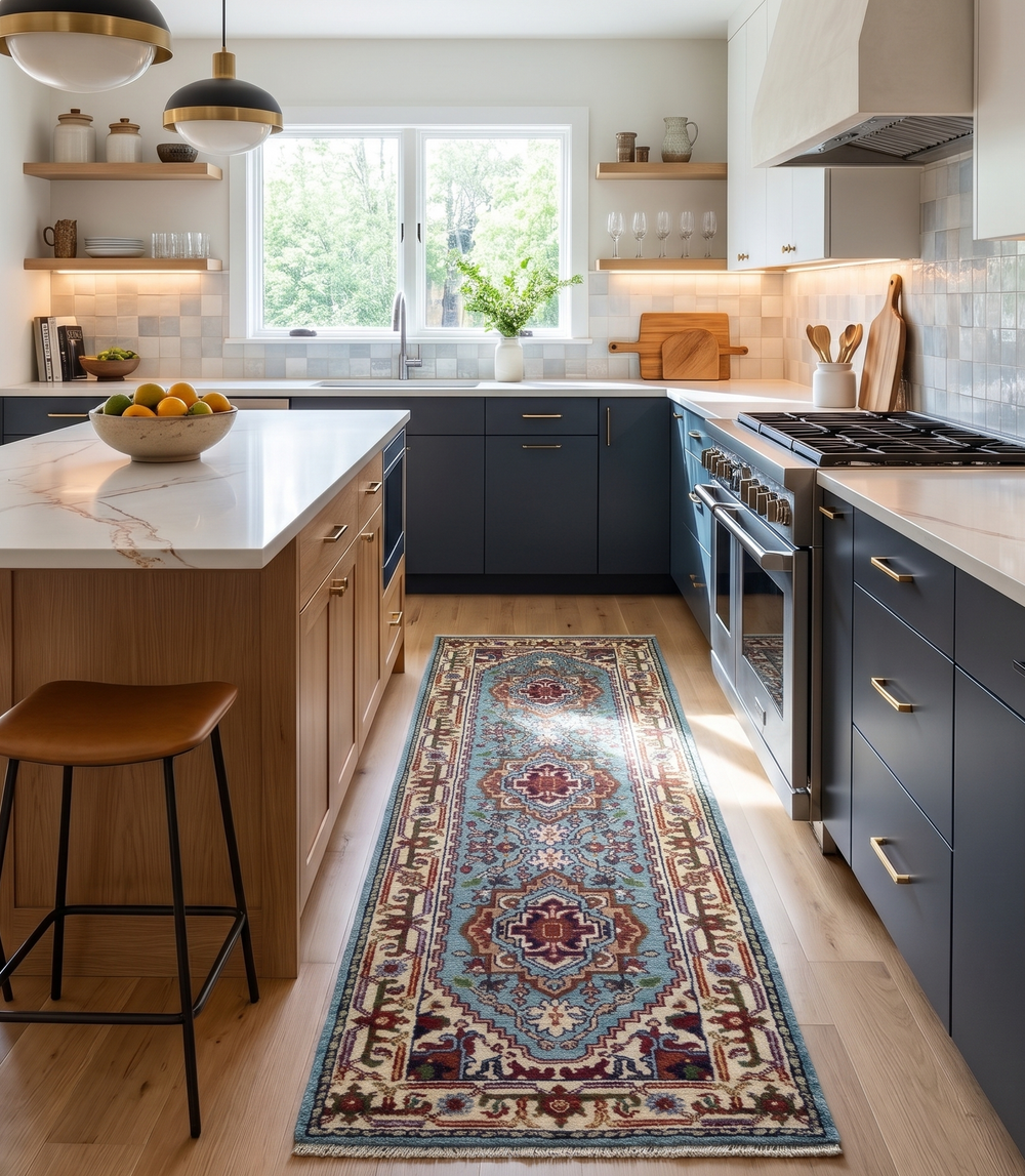 Blue and ivory floral runner rug placed on a kitchen floor