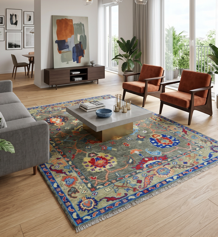 Ready to Ship 7x9 Feet Oushak Olive And Rust Hand Knotted Wool Rug