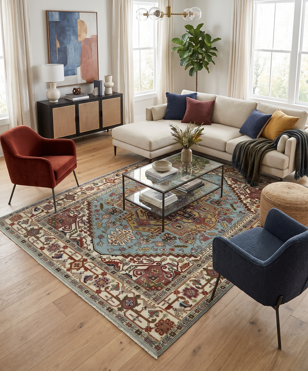 Blue and ivory medallion rug with red floral motifs beneath a glass coffee table
