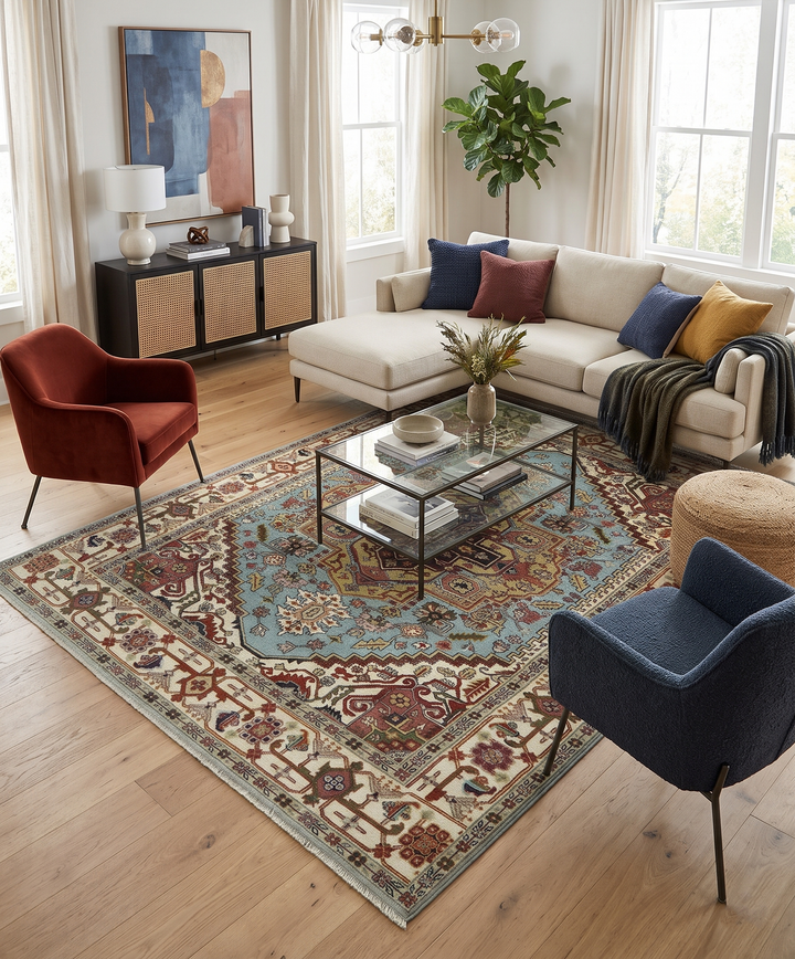 Blue and ivory medallion rug with red floral motifs beneath a glass coffee table