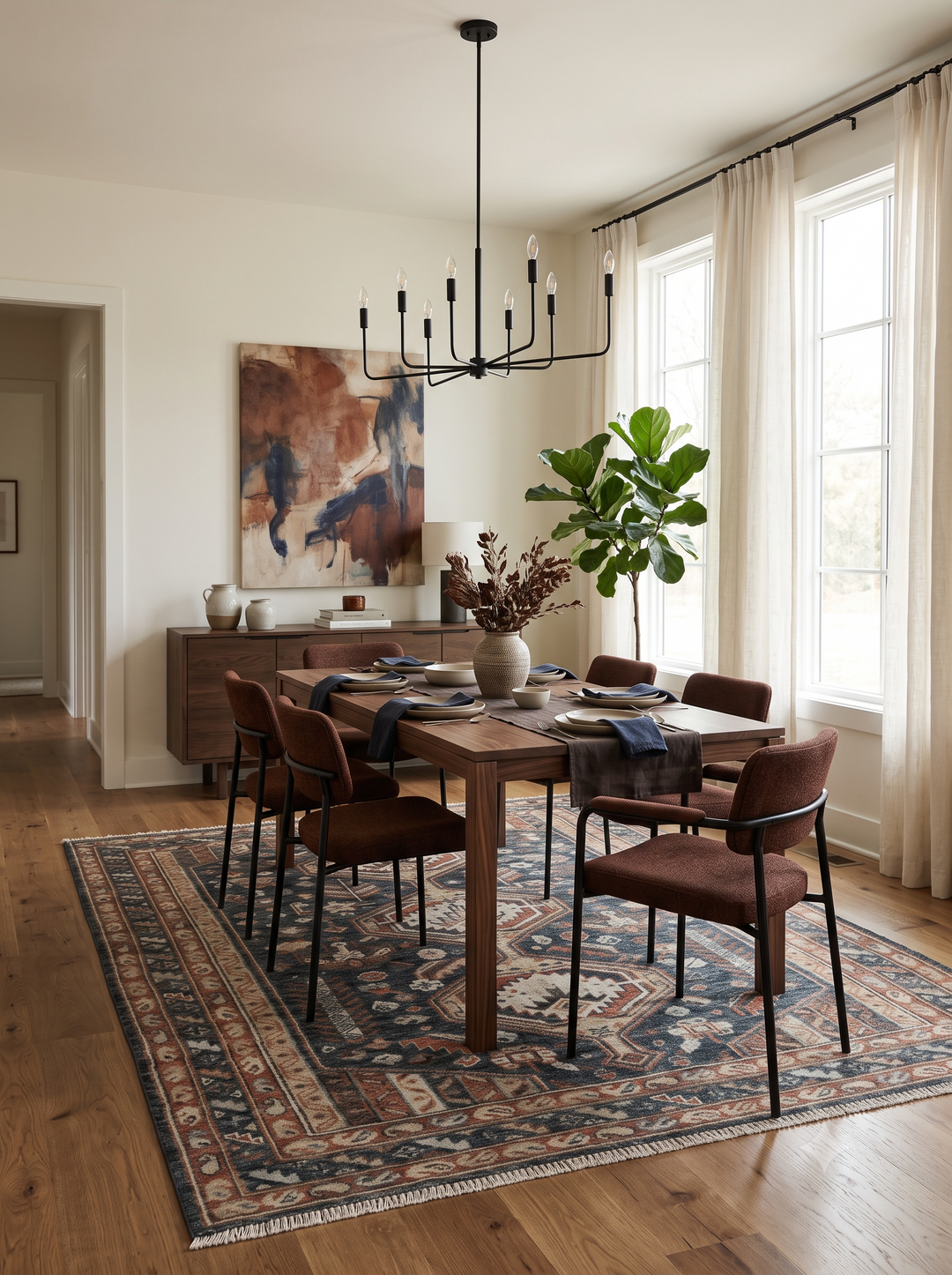 Antique-style hand-knotted wool area rug in charcoal, beige, and rust geometric pattern with border