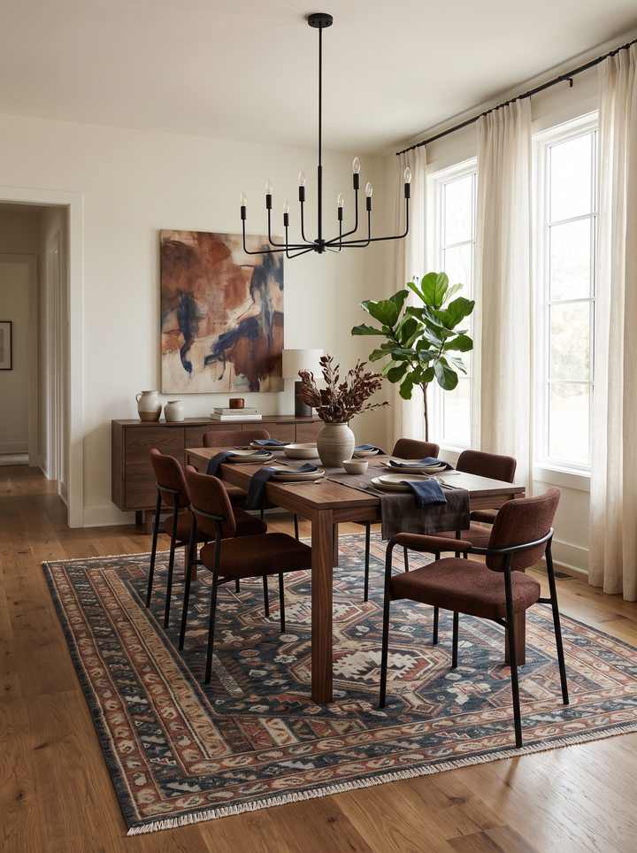 Antique-style hand-knotted wool area rug in charcoal, beige, and rust geometric pattern with border