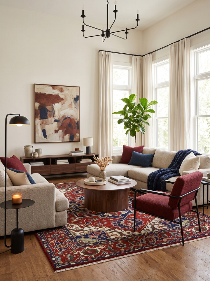 Wool area rug with red base and brown, ivory, blue geometric motifs, flat weave edges
