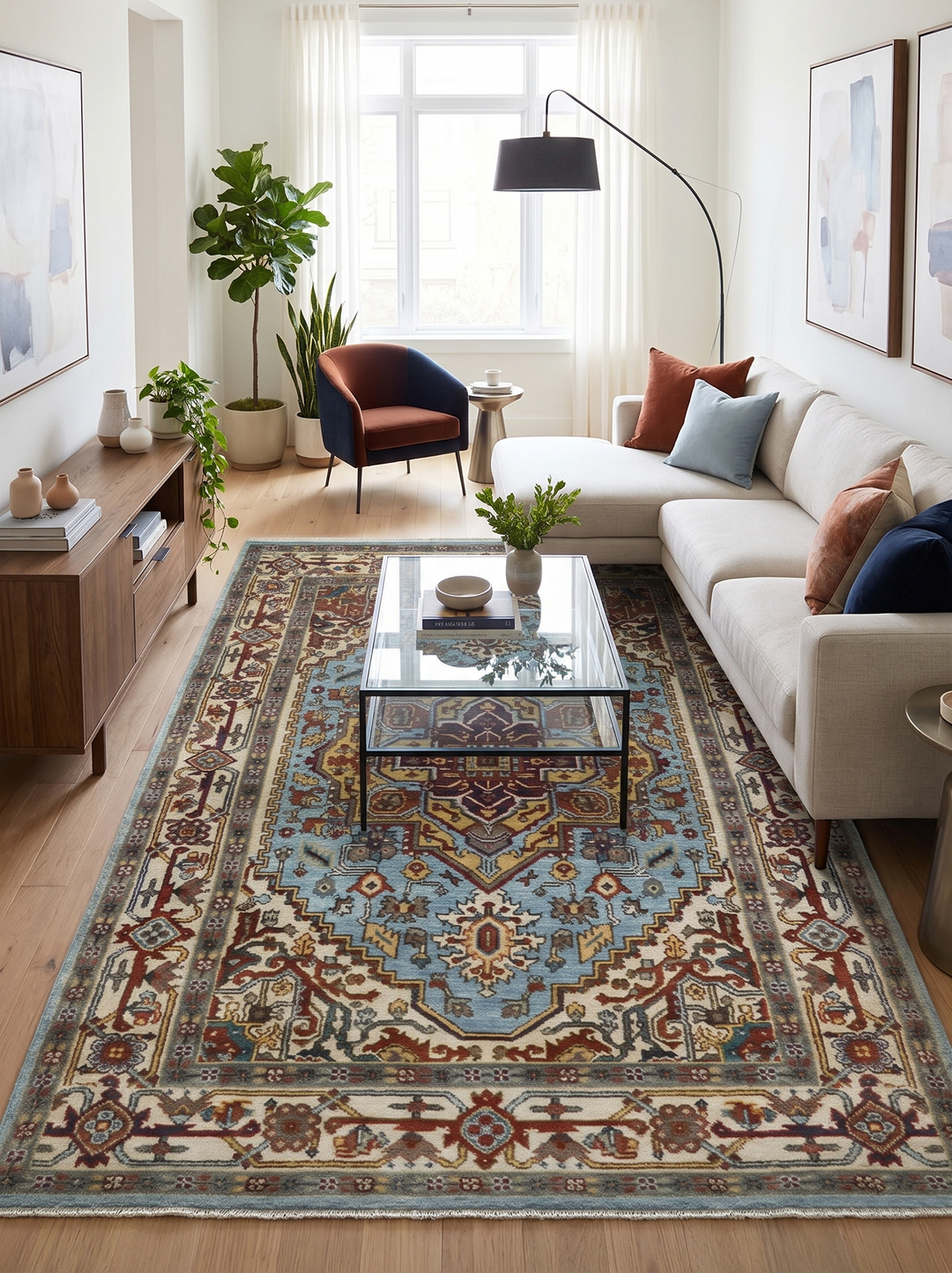 Sera blue and ivory patterned wool rug beneath a coffee table in a living room