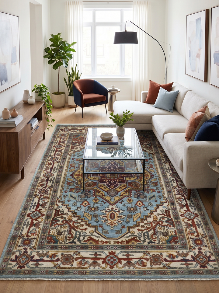 Sera blue and ivory patterned wool rug beneath a coffee table in a living room