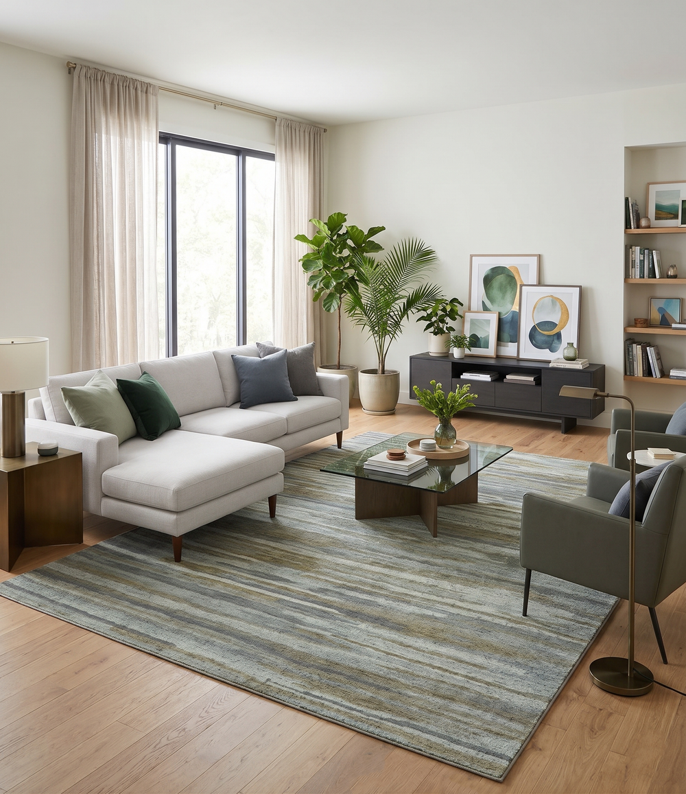 Hand-knotted wool area rug with abstract brown and gray stripes in a living room