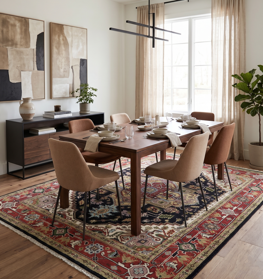 Hand-knotted wool rug with red and cream geometric medallion pattern on dark ground