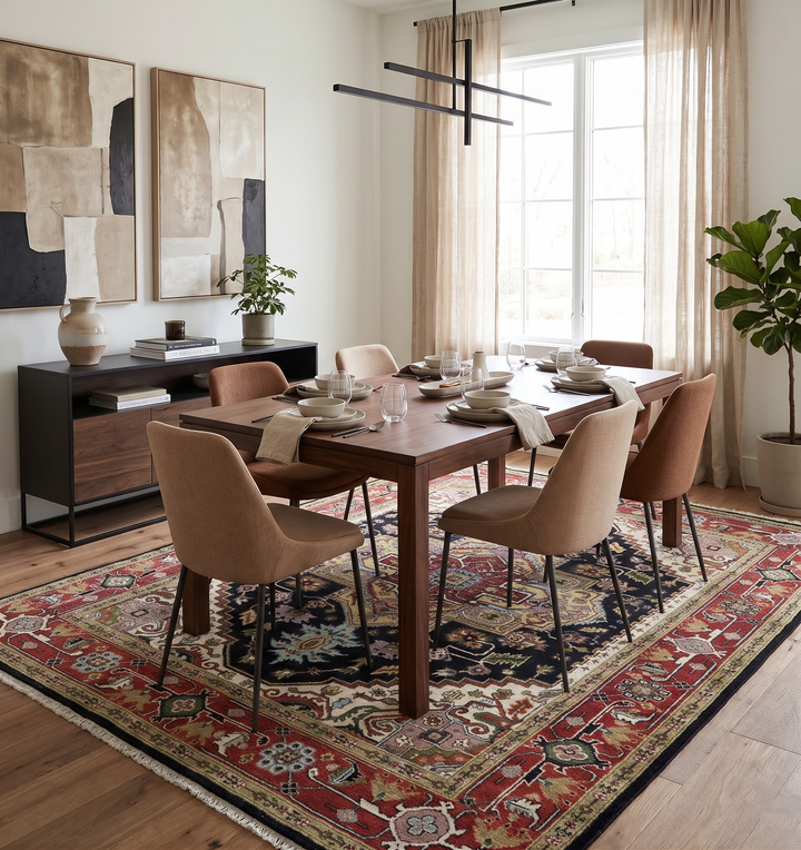 Hand-knotted wool rug with red and cream geometric medallion pattern on dark ground