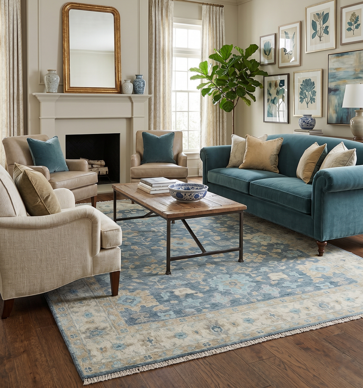 Custom Made Teal and Beige Hand Knotted Oriental Oushak Wool Area Rug