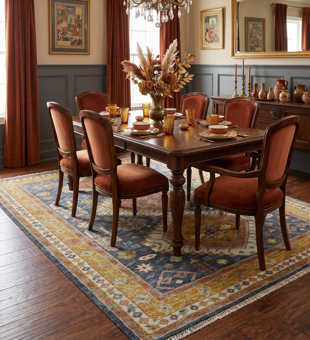 Rust, Gold and Blue Traditional Hand knotted Custom Made wool Area Rug
