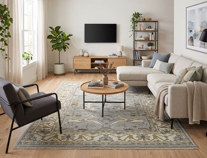 Bluish silver and ivory Oushak rug with ornate pattern displayed in a living room