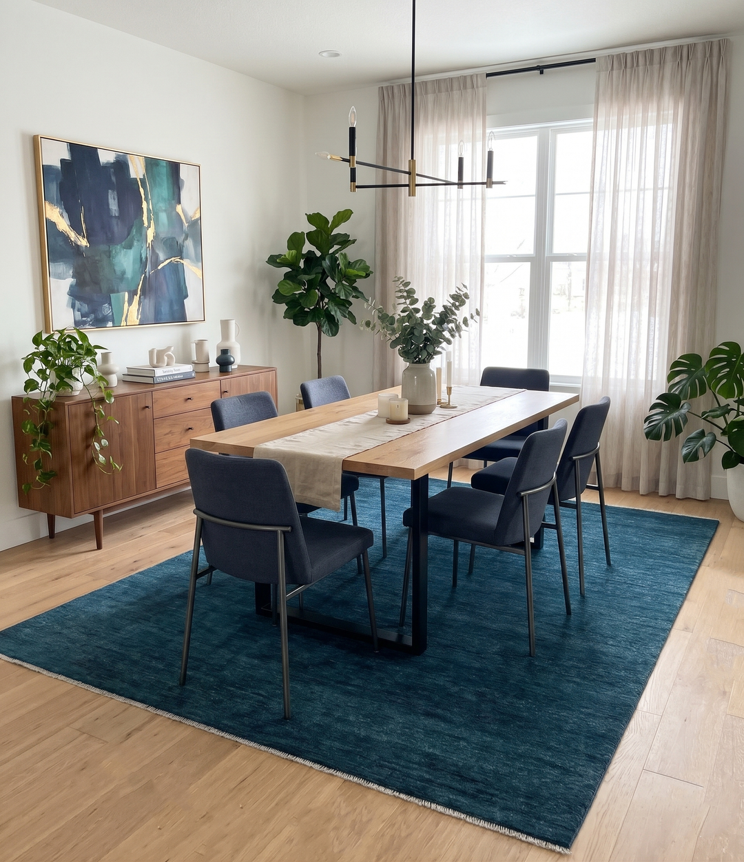 Solid dark blue hand-knotted wool area rug, 8x10 rectangle, in dining area