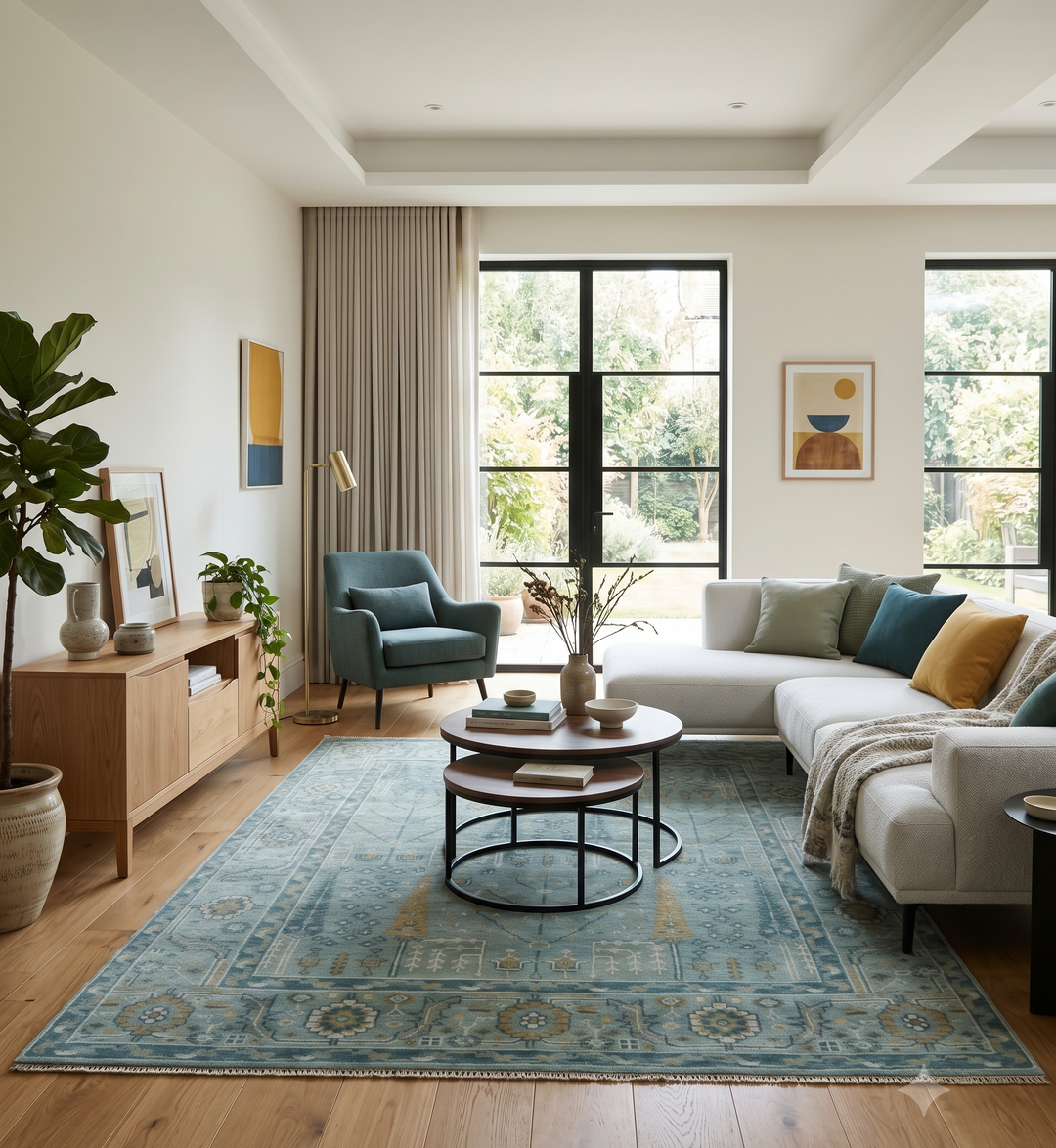 Hand-knotted wool rug with teal and beige Tree of Life motif, traditional pattern