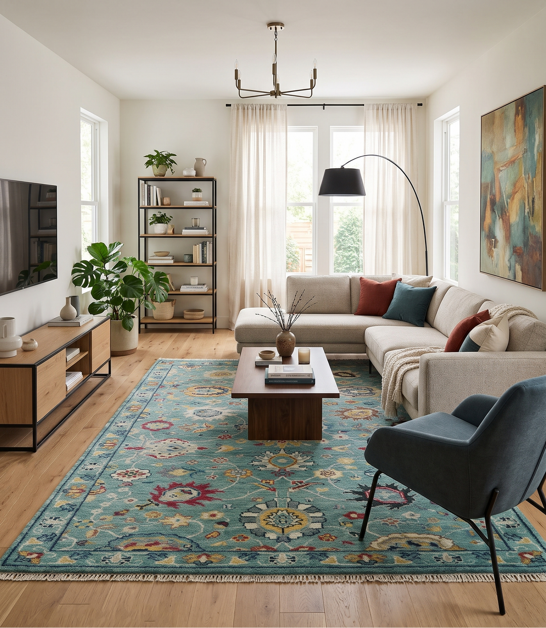 Teal and yellow Oushak-style wool rug with ornate floral motifs beneath a living room coffee table