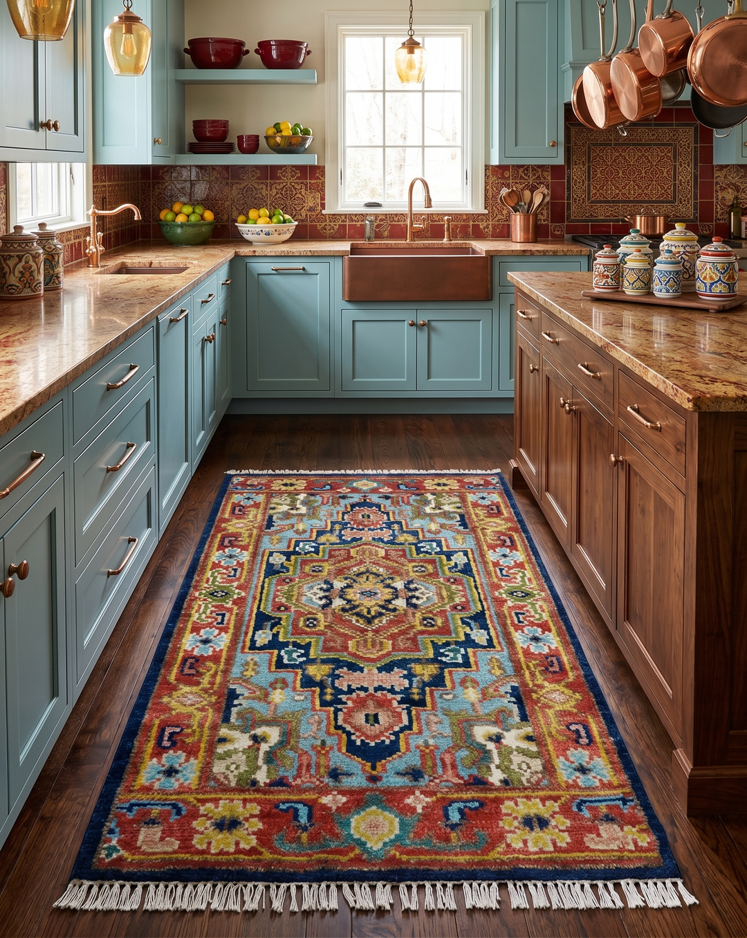 Custom Made Hand Knotted Traditional Rust And Blue Runner Wool Rug