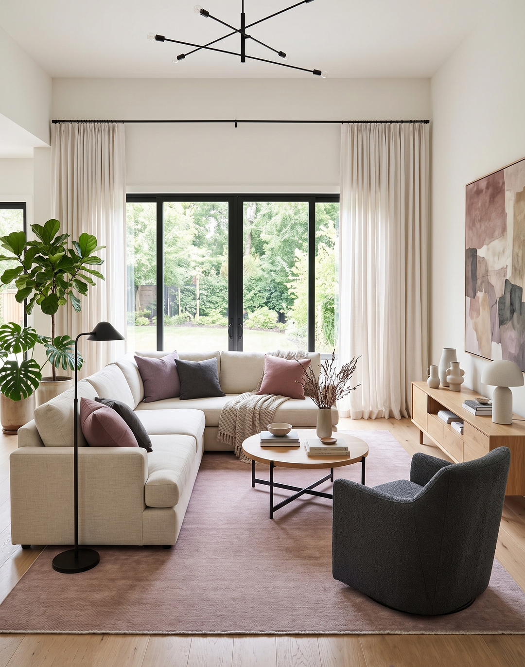 Solid mauve wool area rug in a living room, rectangular rug with clean border.