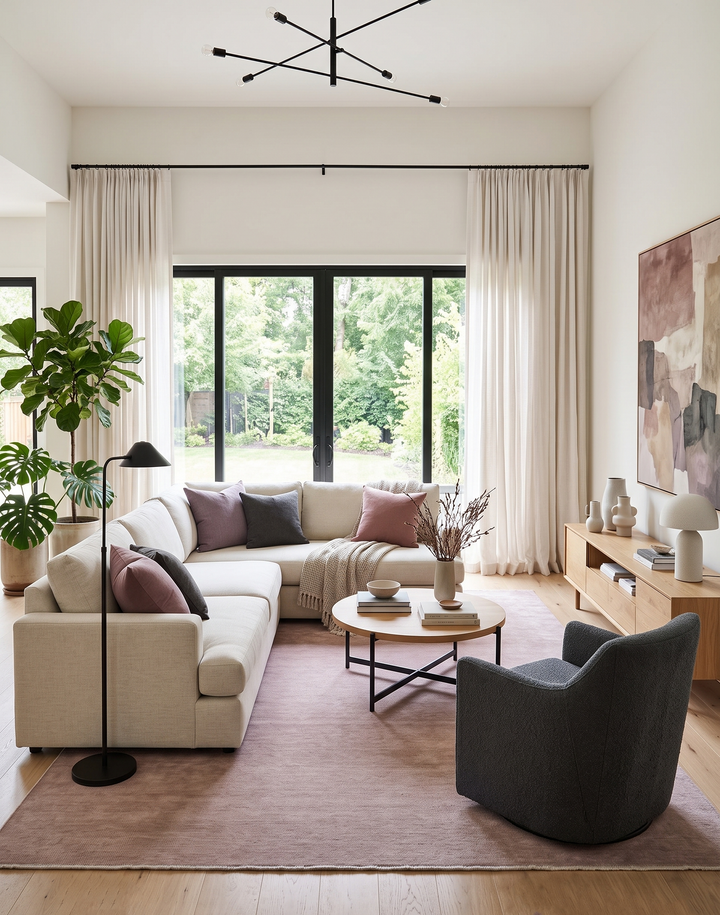 Solid mauve wool area rug in a living room, rectangular rug with clean border.