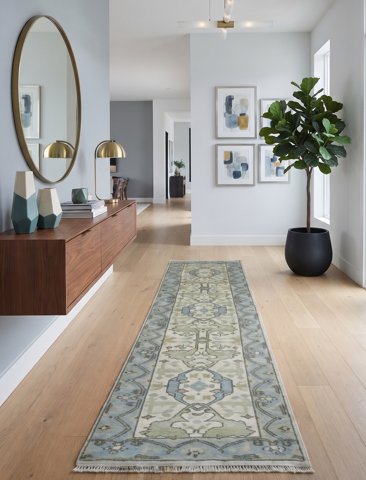Ivory and blue Oushak runner rug displayed along a hallway floor