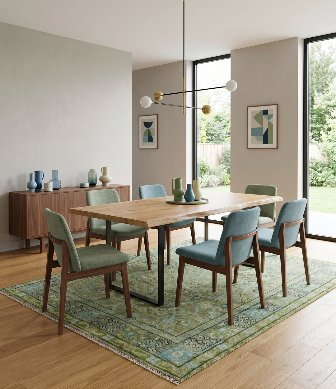 Custom Made Traditional Floral Green and Aqua Hand Knotted wool area rug