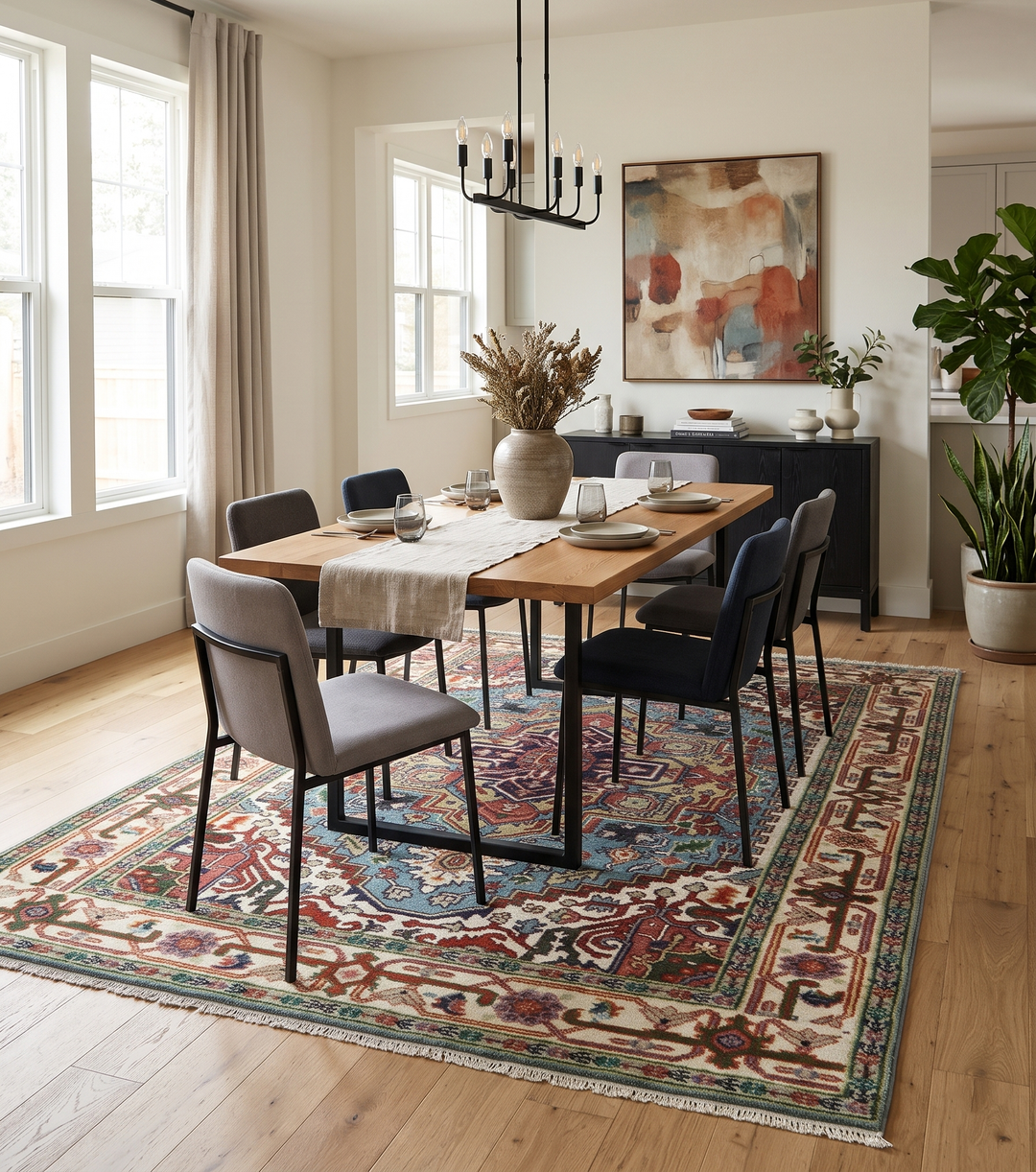 Patterned medallion rug with an ivory border beneath a dining table