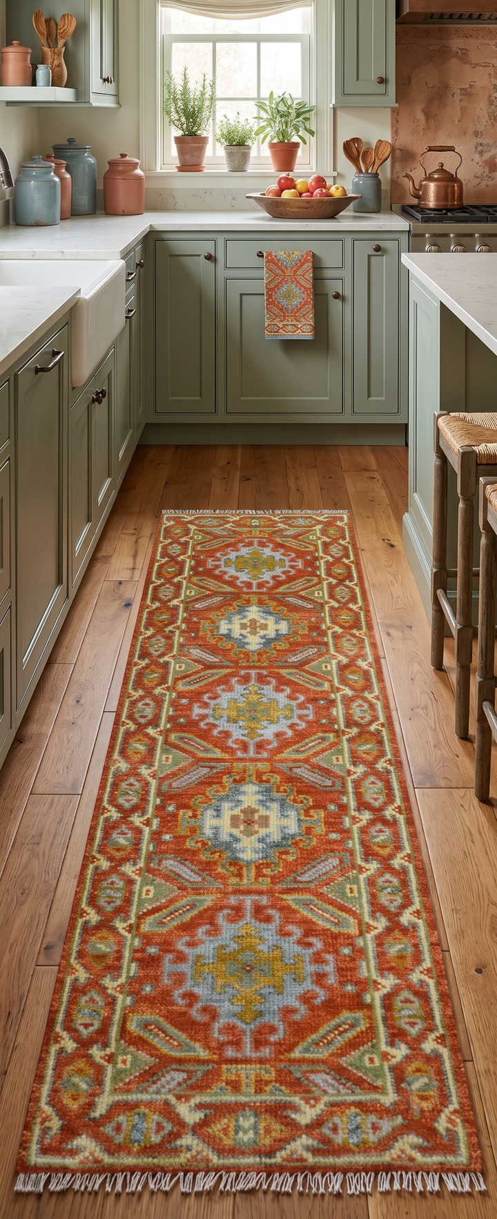 Custom Made Traditional Rust And Green Hand Knotted Runner Wool Rug