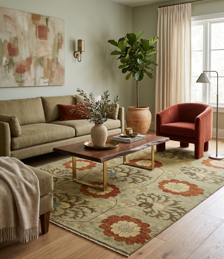 Antique Modern Floral Olive and Rust Hand Knotted Wool Rug