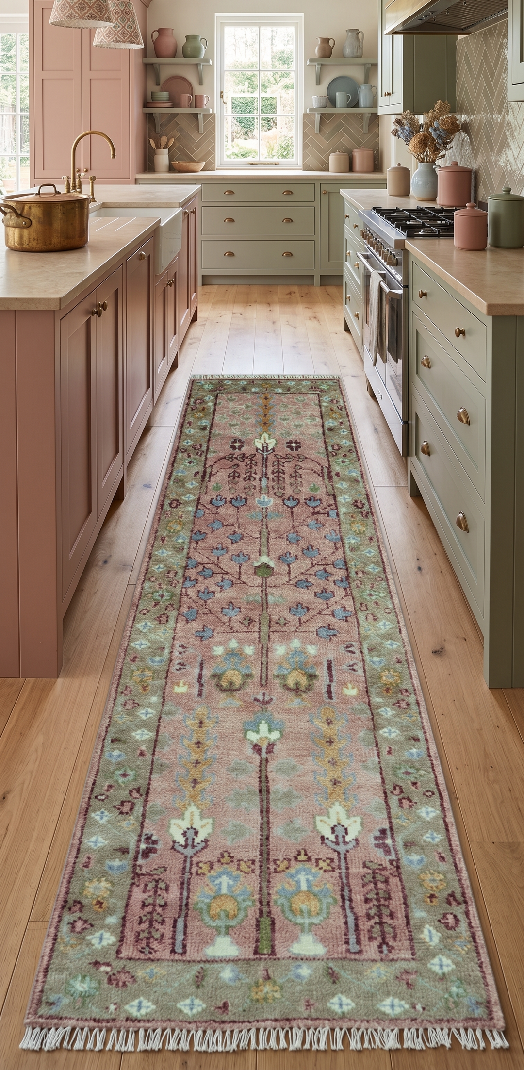 In stock 3x9 Tree of life Pink And Olive Hand Knotted Wool Rug