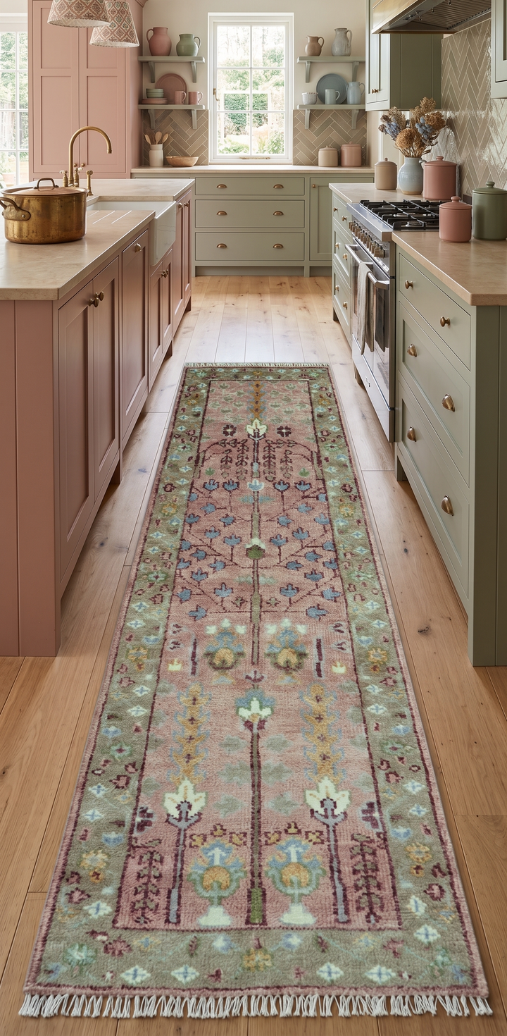 In stock 3x9 Tree of life Pink And Olive Hand Knotted Wool Rug