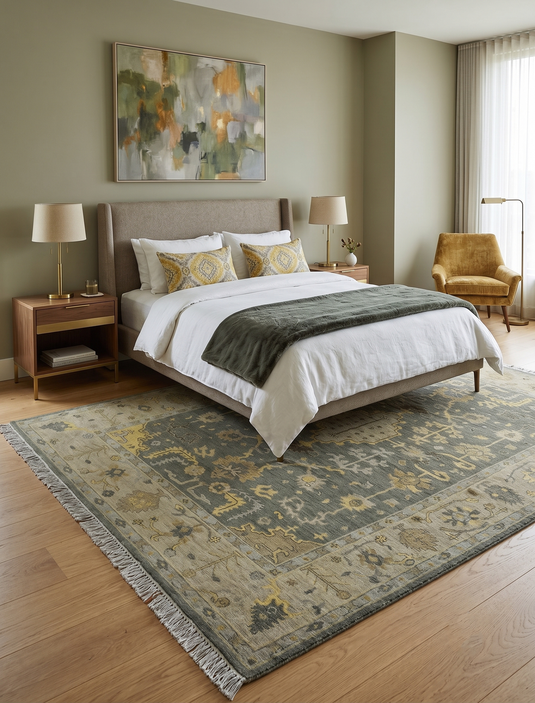 Charcoal, Olive and Mustard Hand knotted Oriental Oushak Custom Made wool Area Rug