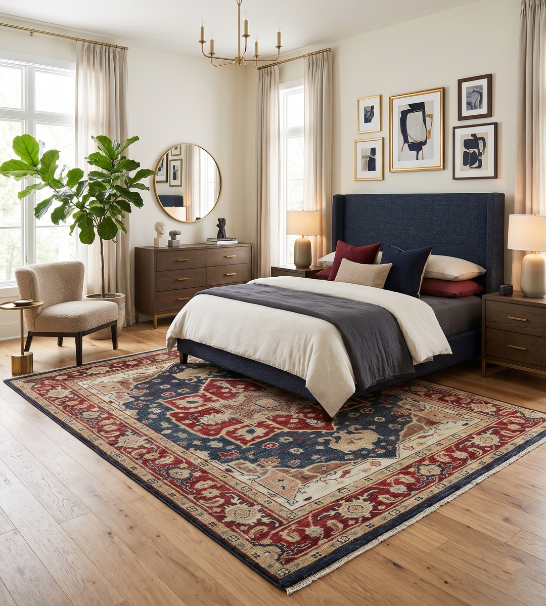 Red and blue Serapi wool rug beneath a bed in a bedroom setting