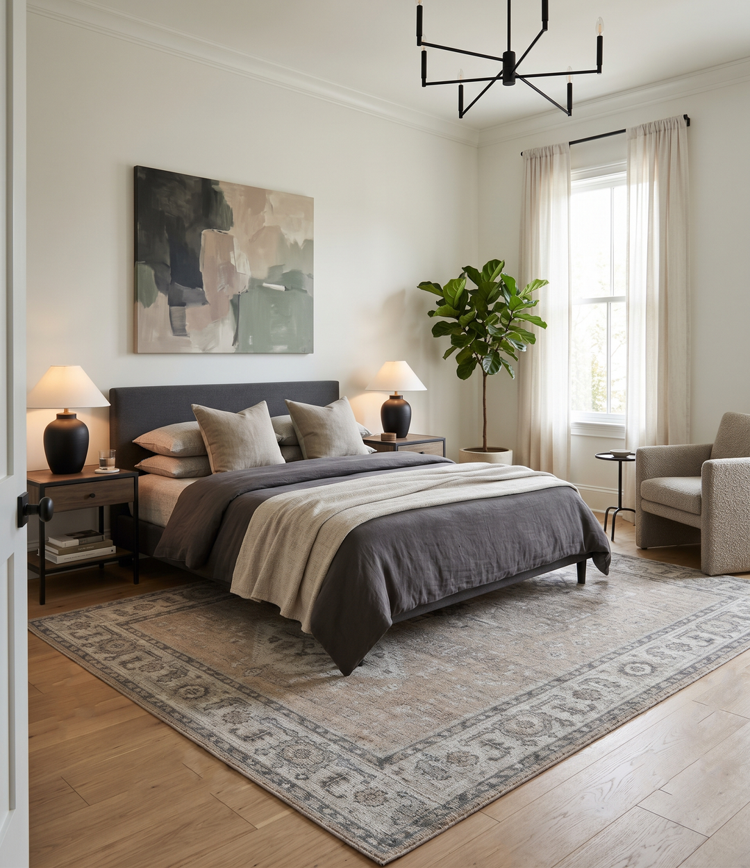 Traditional hand-knotted wool area rug with antique pattern, ivory and charcoal tones