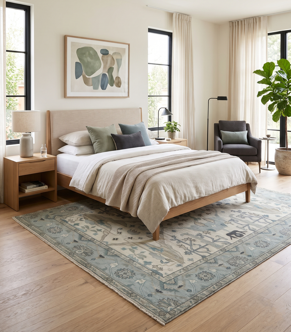 Blue and ivory Oushak wool rug beneath a bed, showing its floral medallion design