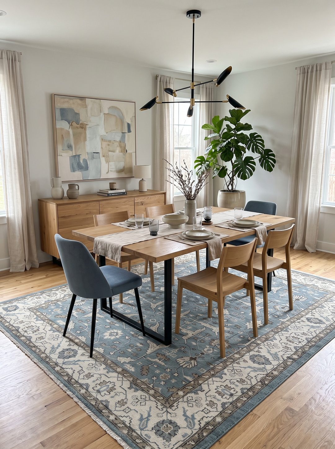 Oriental Oushak wool area rug, blue field with ivory and brown ornamental border pattern