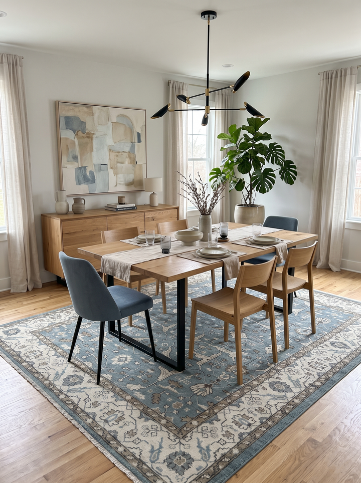 Oriental Oushak wool area rug, blue field with ivory and brown ornamental border pattern