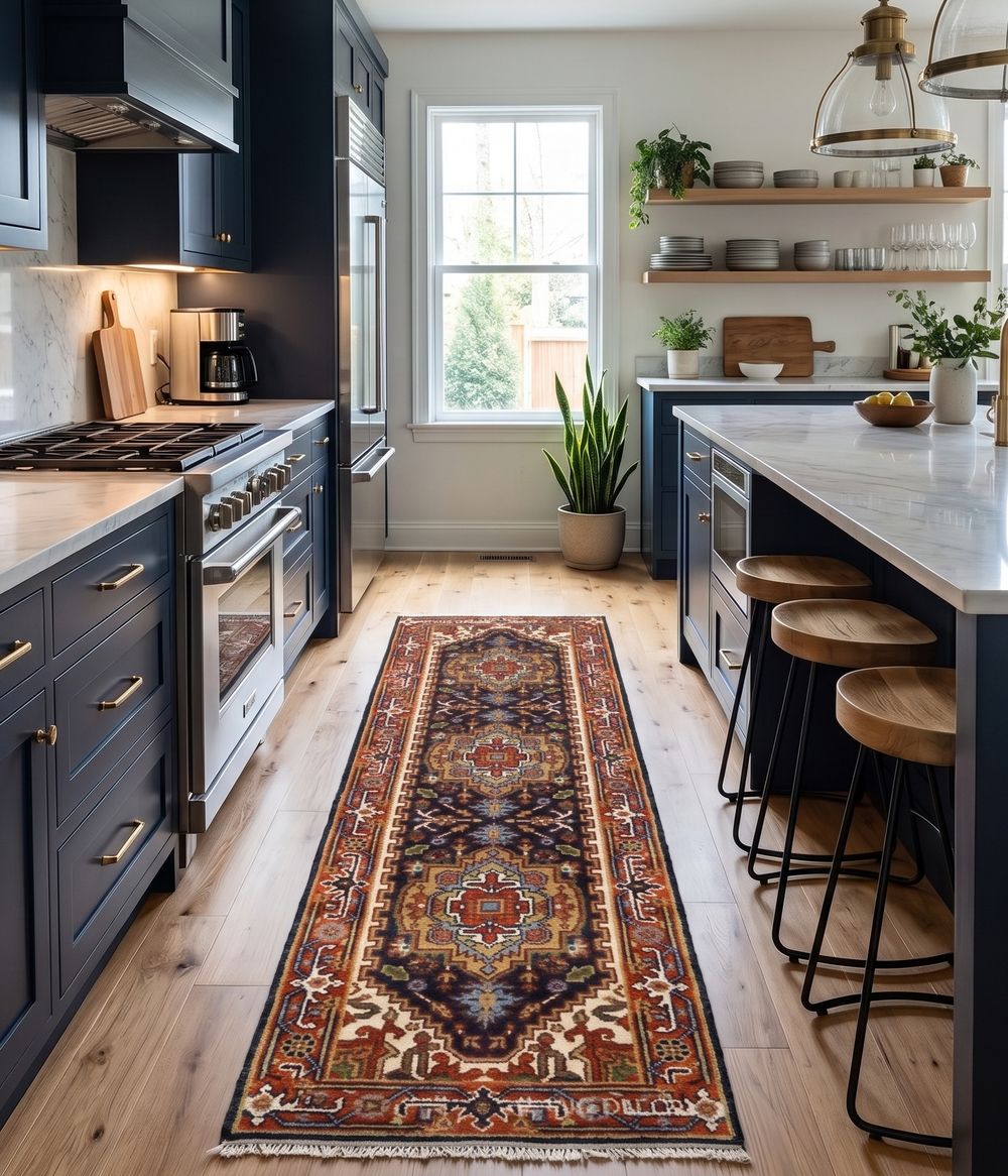Traditional wool runner displayed along a kitchen floor