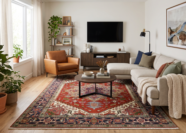 Hand-knotted Serapi rug with red field, blue borders, and traditional geometric motifs