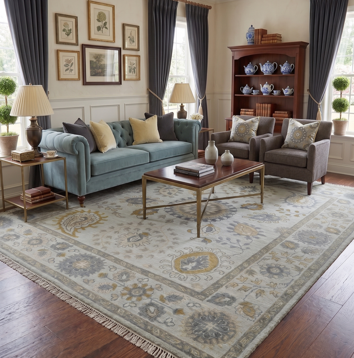 Silver, Olive and Gray Floral Herati Medallion Hand knotted Custom Made wool Area Rug