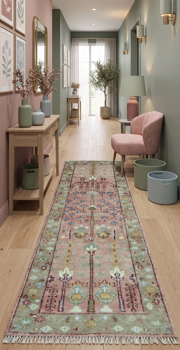 In stock 3x9 Tree of life Pink And Olive Hand Knotted Wool Rug