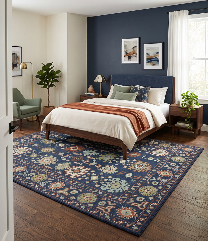 Vibrant colorful Blue, Rust, Ivory and Olive Hand knotted Traditional Oushak Custom Made wool Area Rug