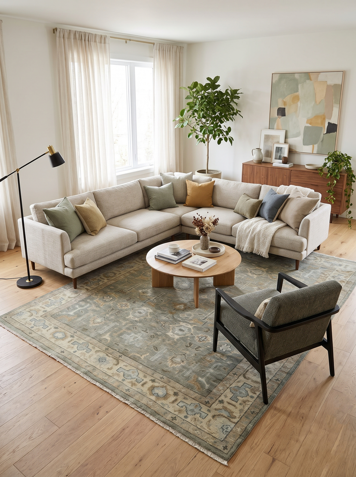 Vintage Turkish-style rug under living room seating; gray and beige distressed pattern
