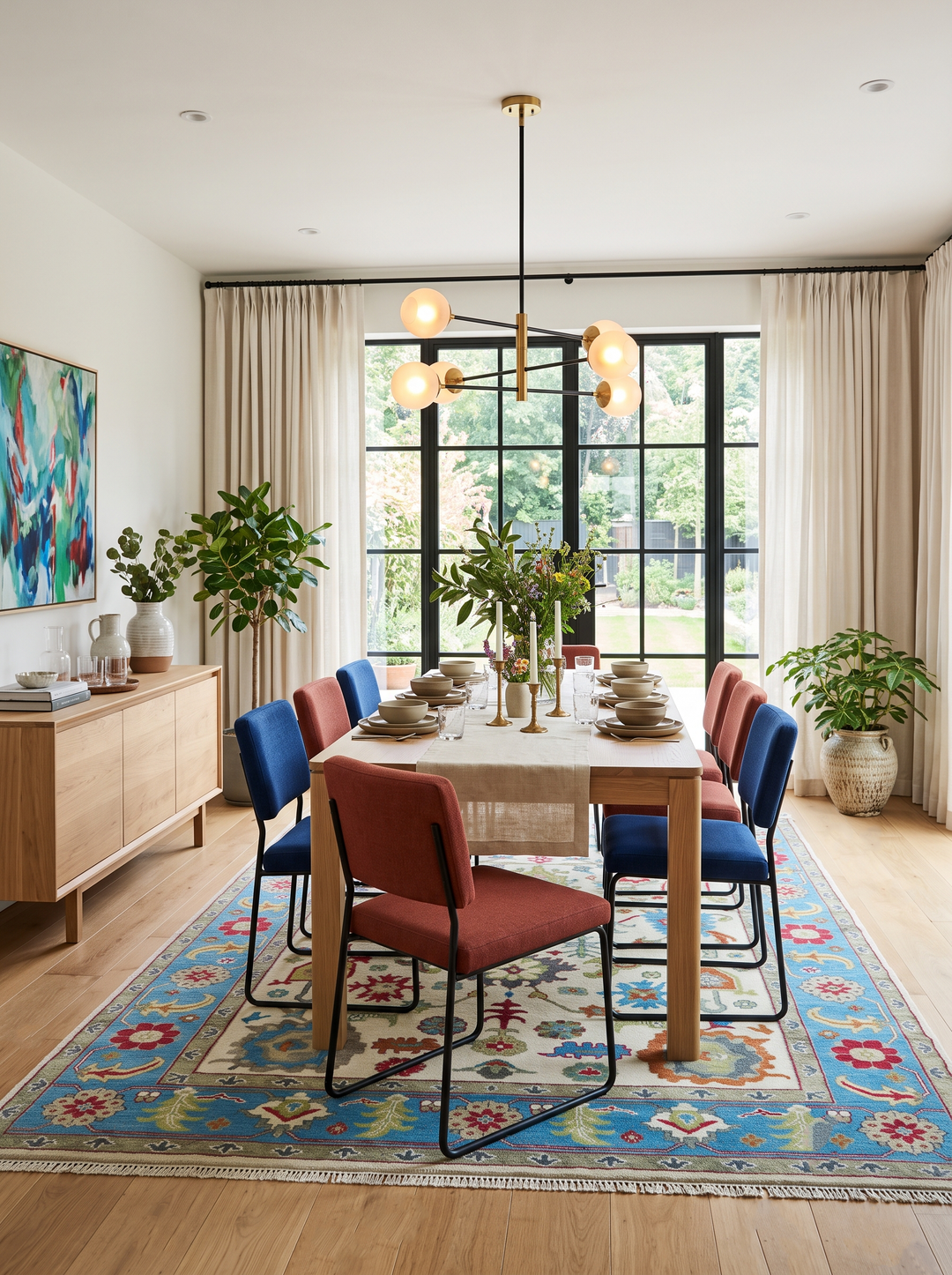 Hand-knotted Oushak wool area rug beneath dining table with ivory-and-blue floral design
