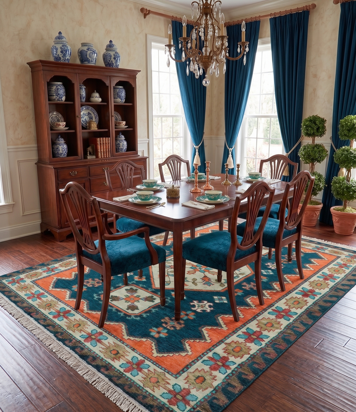 Custom Made Traditional Blue And Ivory Hand Knotted Wool Rug